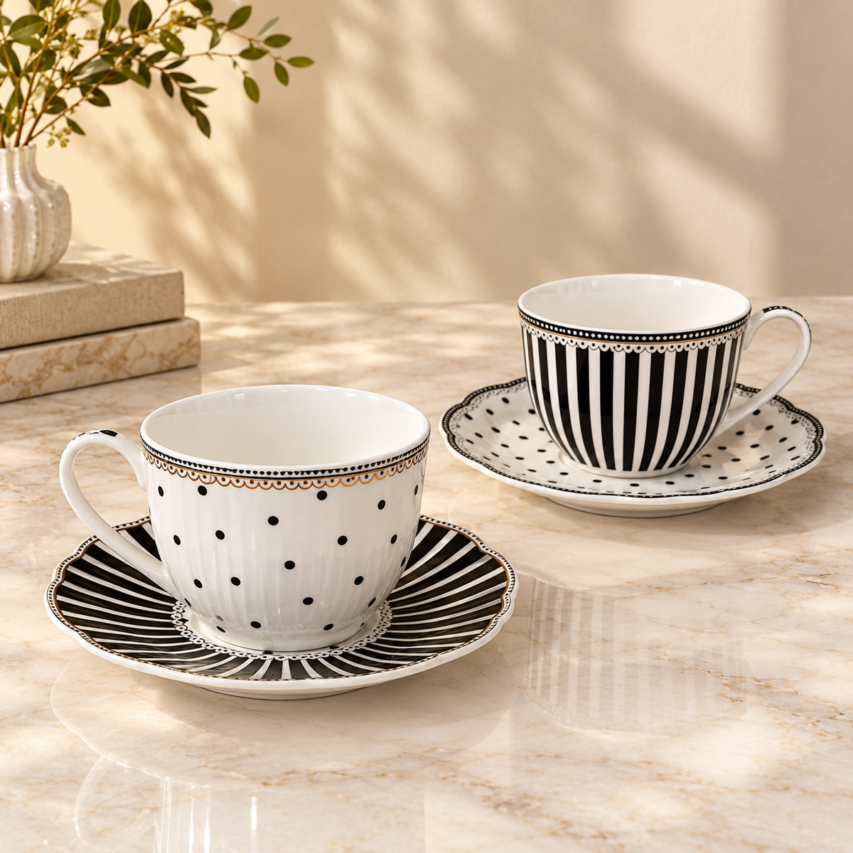 Black & White Teacups and Saucers Set of 2