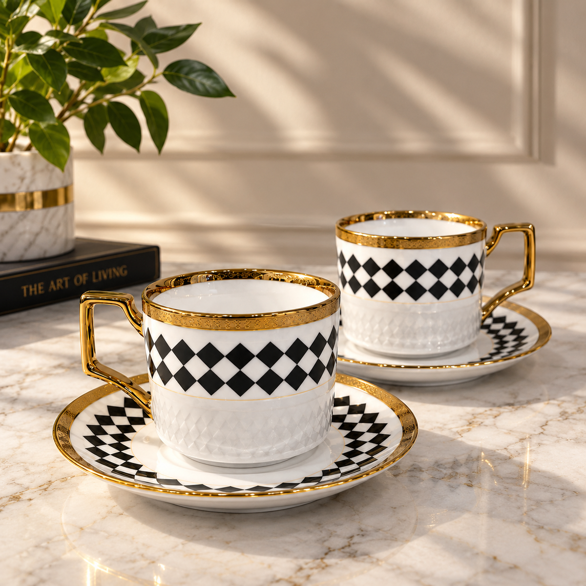 Checkered Teacups and Saucer Set of 2
