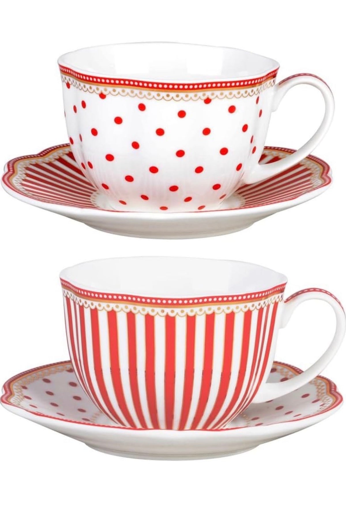 Red and White Teacups with Saucers Set of 2