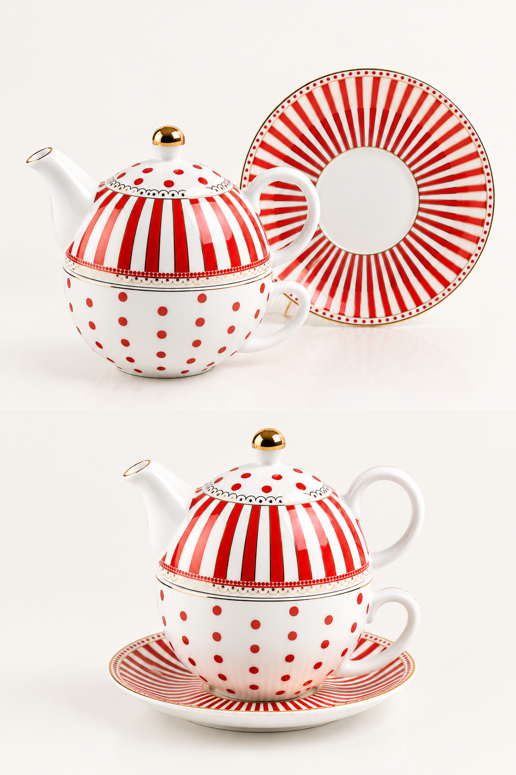 Red & White Polka Dot & Stripe Teapot with Teacup